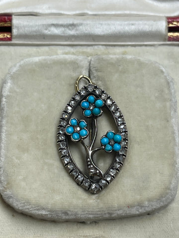 Victorian Forget Me Not Turquoise and Diamond Pendant / Brooch. Tessier