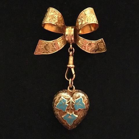 Carrington and Co 9ct Gold Bow and Heart (with glazed compartment) Brooch - Ishy Antiques