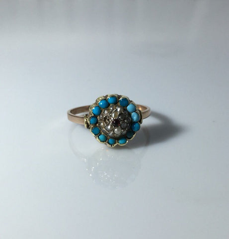 Victorian Turquoise, Pearl and Garnet Cluster Ring - Ishy Antiques