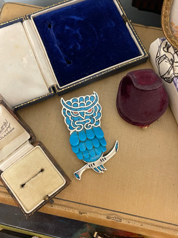 Vintage Mexican Silver Turquoise Owl Brooch