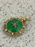 15ct Gold Victorian Green Guilloché Enamel, Diamond and Pearl Locket