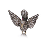 Victorian 12kt Gold and Silver Bird Brooch with Rose Cut Diamonds and Ruby Eyes