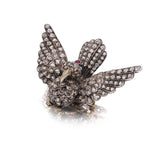 Victorian 12kt Gold and Silver Bird Brooch with Rose Cut Diamonds and Ruby Eyes