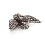 Victorian 12kt Gold and Silver Bird Brooch with Rose Cut Diamonds and Ruby Eyes