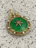 Reserved for LC. 15ct Gold Victorian Green Guilloché Enamel, Diamond and Pearl Locket