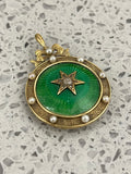 15ct Gold Victorian Green Guilloché Enamel, Diamond and Pearl Locket