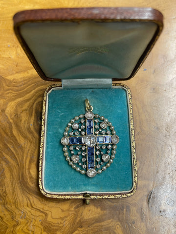 Victorian Sapphire and Diamond Cross Pendant