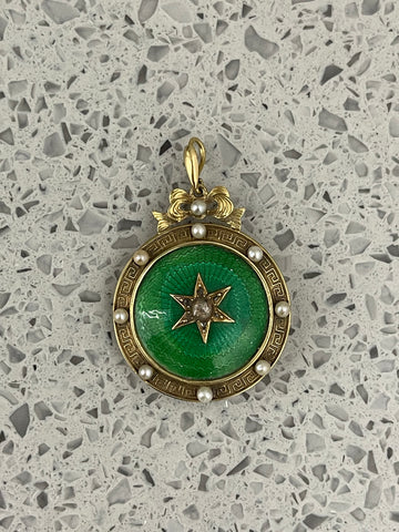 Reserved for LC. 15ct Gold Victorian Green Guilloché Enamel, Diamond and Pearl Locket