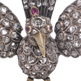 Victorian 12kt Gold and Silver Bird Brooch with Rose Cut Diamonds and Ruby Eyes