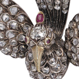 Victorian 12kt Gold and Silver Bird Brooch with Rose Cut Diamonds and Ruby Eyes