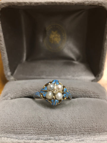 Blue Enamel Victorian Pearl and Diamond Ring - Forget Me Not