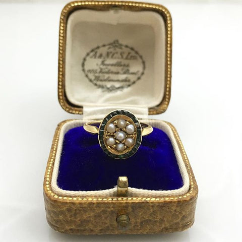 Victorian 15ct Gold Emerald & Pearl Cluster Ring - Ishy Antiques