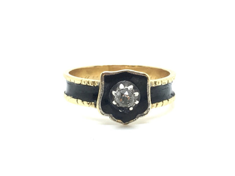 18ct Gold Victorian Black Enamel and Diamond Mourning Ring