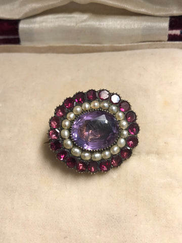 Georgian Garnet, Amethyst and Pearl Brooch