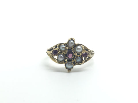 18ct Victorian Ruby & Pearl Cluster Ring - Ishy Antiques