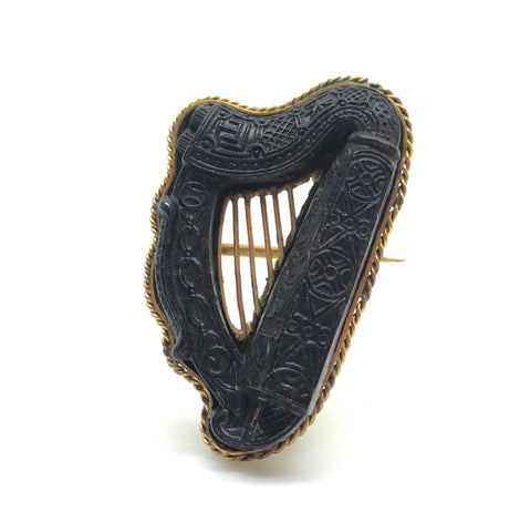 Antique Irish Bog Oak Brooch - Celtic Harp - Ishy Antiques