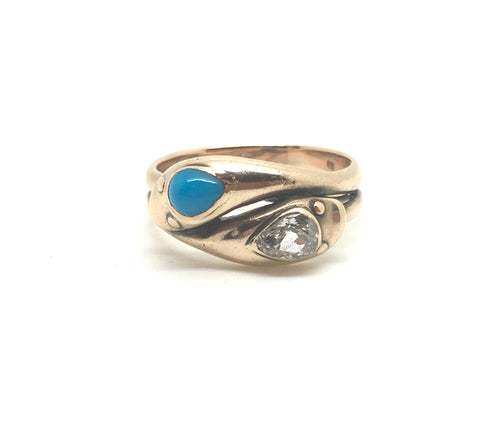 Reserved 18ct Gold, Diamond and Turquoise 19th Century Snake Ring - Ishy Antiques