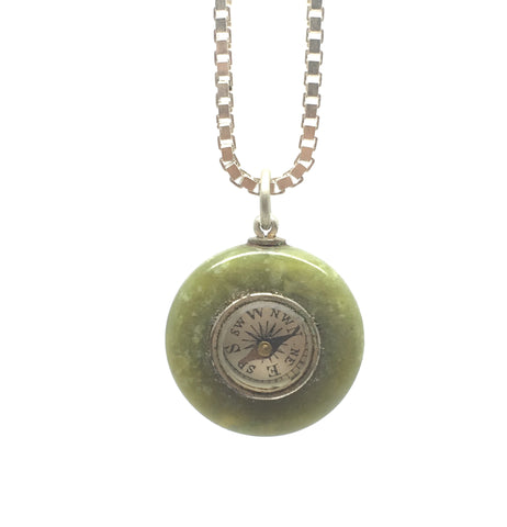 Rare Antique Connemara Marble Compass with Silver Chain - Ishy Antiques