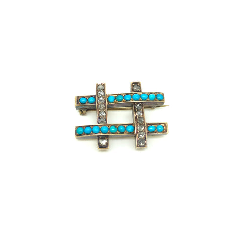 Victorian 15ct Gold Turquoise and Rose Cut Diamond Brooch - Ishy Antiques