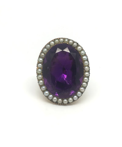 Large Antique Amethyst and Pearl Cocktail Ring