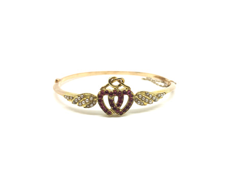 The Wings of Love, Ruby and Pearl Double Heart Bangle - Ishy Antiques
