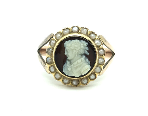 Victorian Agate Cameo Ring with Seed Pearl border