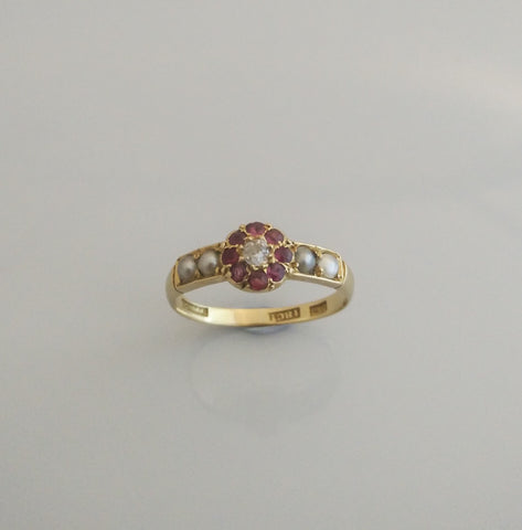 18ct Gold Diamond and Ruby and Pearl Cluster Ring - Ishy Antiques