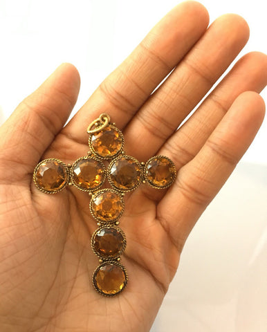 Giant Antique Citrine French Cross Pendant - Ishy Antiques
