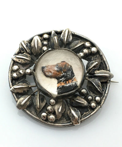 Antique Silver Brooch set with Terrier Intaglio - Ishy Antiques