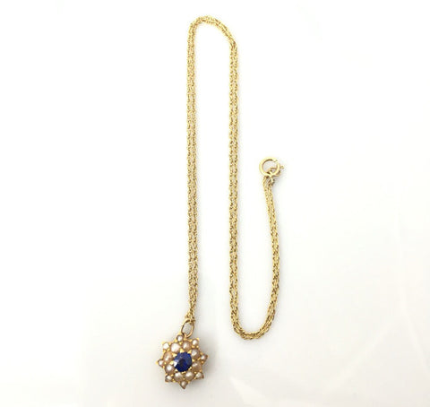 Beautfiul Edwardian Pearl and Sapphire Pendant on a Gold Chain - Ishy Antiques