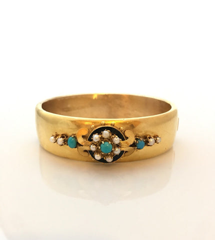 Continental Victorian Pearl, Turquoise and 14ct Gold Bangle - French Hallmarks - Ishy Antiques