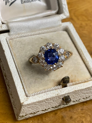Burmese no heat sapphire and diamond old cut cluster ring