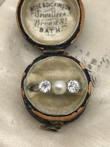 Platinum Edwardian Diamond and Pearl Ring