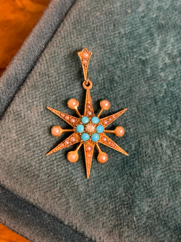 15ct Gold Victorian Turquoise and Diamond Pearl Star pendant and 18ct Pearl and Star