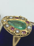 Early 18th Century Emerald, Ruby, Pearl and Diamond Solid Gold Ring - Ishy Antiques