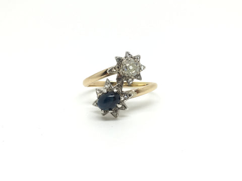 Old cut diamond and Sapphire Cabochon Star Bypass Ring - Ishy Antiques