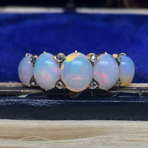 Edwardian 18ct Gold Opal and Diamond Five Stone Ring