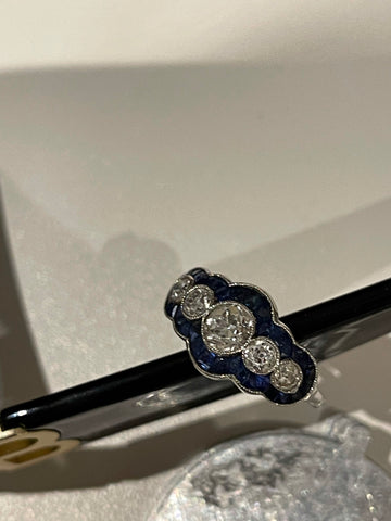 Reserved! Calibre cut natural sapphire and old cut diamond five stone ring