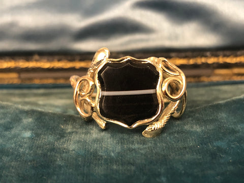 Vintage Agate Shield Ring with Snake Shoulders