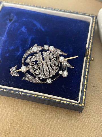 1/2 Victorian M Diamond and Pearl Monogram Brooch