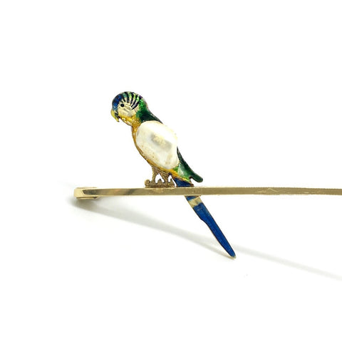 15ct Gold Pearl and Enamel Parrot Brooch - Ishy Antiques