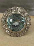 18ct White Gold Old Cut Diamond and Blue Zircon Ring