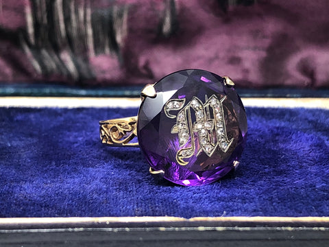 Reserved Rose cut diamond M initial amethyst ring in 14ct gold