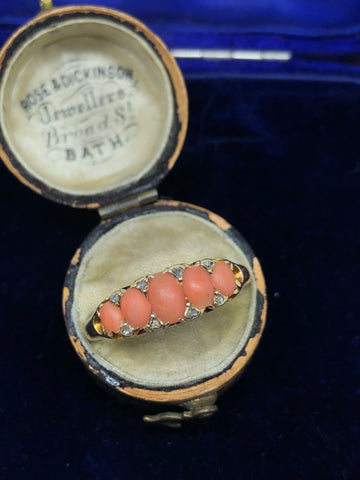 Edwardian 18ct Gold Coral and Diamond Ring