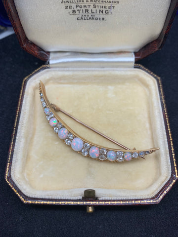 Victorian Opal and Diamond Crescent Brooch