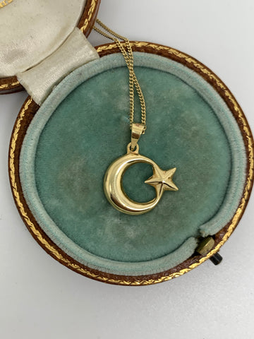 14ct Gold Crescent Moon and Star Pendant and Chain