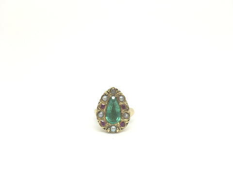 Early 18th Century Emerald, Ruby, Pearl and Diamond Solid Gold Ring - Ishy Antiques