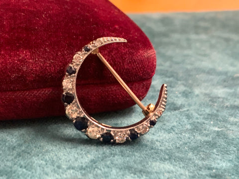 Vintage 9ct Gold Sapphire and Diamond Crescent brooch