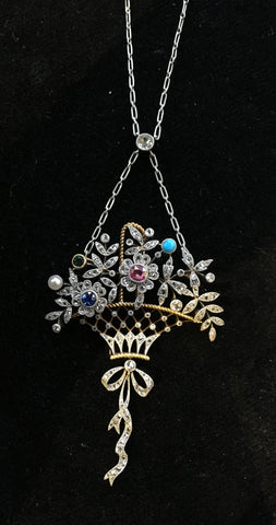 Rare Gemstone set Giardinetti Basket Necklace in Platinum and 18ct Gold - Ishy Antiques