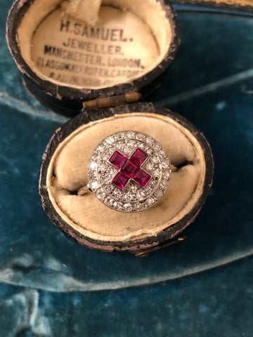 Art Deco Ruby and Diamond Platinum Cluster Ring